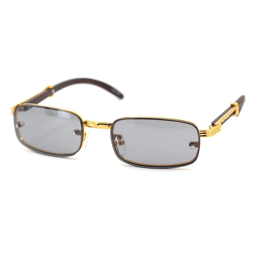 Rimless Rectangle Sunglasses Gold Frame Wood Arms Vintage Style Fashion‎ Women